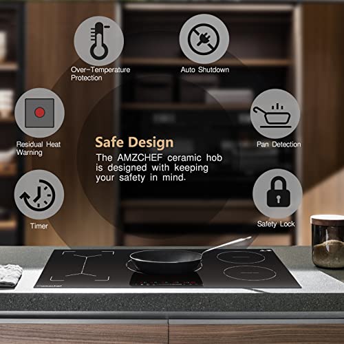 Amzchef 36 Inch Electric Cooktop, Built-In Induction Cooktop 5 Boost Burner Including Flexi Zone, 7400W Ceramic Electric Stove Top With 9 Power Level&Touch Control, Keep Warm, Timer, Safety Lock, 240V #TOP6