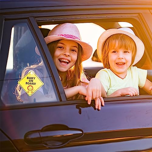 Bewudy Baby on Board Auto Warnschilder, 2pcs 4.7’’x4.7’’ Sicherheits Autoschild mit Saugnäpfen Abnehmbarer Kinder-Sicherheitswarnaufkleber für das Auto Gelb süß Baby on Board Aufkleber Auto (Typ A)