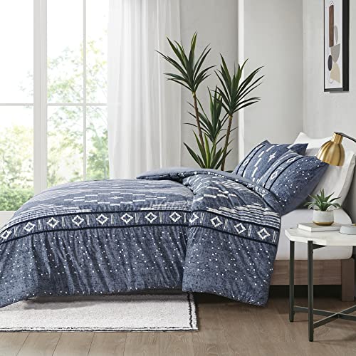 Ink+Ivy Inari Cotton Comforter Set, Geometric Southwestern Ikat Print With Trim Accent, Modern Casual, Breathable All Season Bedding With Matching Shams, Full/Queen(88"X92"), Indigo Blue 3 Piece #TOP4