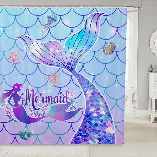 Feelyou Mermaid Tail Bath Curtain Fish Scale Bathroom Shower Kids Sparkle Purple Rainbow for Boys Girls Glitter Bathroom Accessories 72"x72"