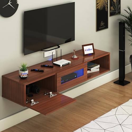 Image of Anikaa Strix Wall Mount Modern Floating TV Unit for Living Room with 3 Storage Cabinet & Blue LED Light (Ideal for 32 to 55 inch TV, DIY Installation, Walnut Finish)
