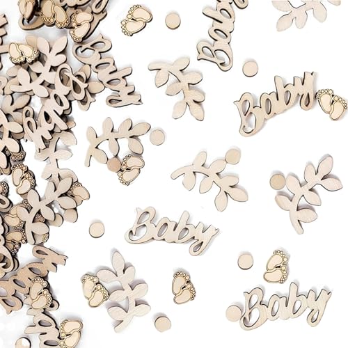 100Pcs Baby Shower Confetti, Wooden Boho Rustic Neutral Table Confetti, Baby Shower Table Scatter Decorations, Baby Girl Shower Table Decoration for Unisex Boys Girls Reveal Party Decor