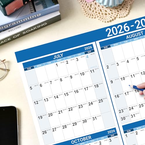 Image of 2026-2027 Yearly Wall Calendar - Jul 2026 - Jun 2027, 22.8 inch x 34.4 inch (Open), 2026-2027 Wall Calendar, Premium Paper, Double-Sided Small Round Sticks, Blue