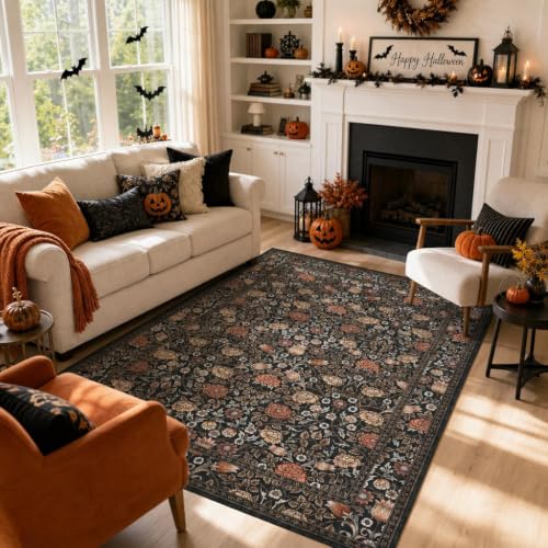 GarveeHome Dark Brown Floral Washable Rug 5x7 for Bedroom Living Room