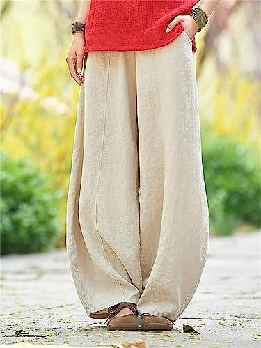 Ladies Spring Summer Linen Solid Color Elastic Waist Pants4