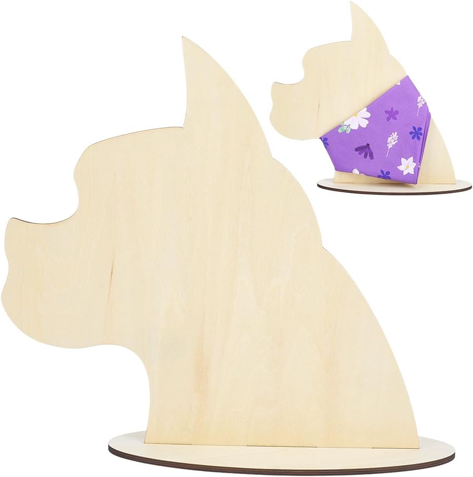 AHANDMAKER Dog Silhouette Display Stand, Wooden Pet Bib Scarf Bandana Display Holder for Pet Boutique Craft Show Photography Props Blank Dog Shape Mannequin Stand for Collar Bib Display Store Booth (11.8" Tall)