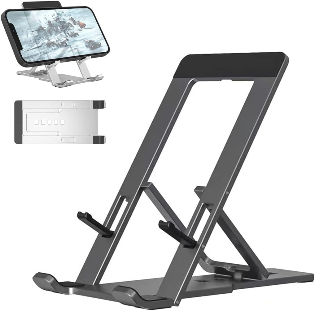 PAYOJA 2023 New Mobile Phone Bracket, Portable Folding Phone Stand, Aluminum Desk Phone Stand, Adjustable Phone Stand for Desk with All Smartphones, Tablets (Gray)