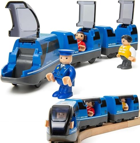 TOPLIVING Batteriebetriebenes Eisenbahnschienen-Set aus Holz, Spielzeug, Hochgeschwindigkeit, für Kleinkinder im Alter von 3 4 5 Jahren, Jungen, Kinder, magnetische Kupplungen, Stadtfahrzeug