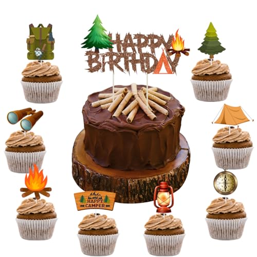 Fangleland Camping Themed Happy Birthday Cake Topper with 24 Pcs Cupcake Picks Flashlight Campfire for Camping Adventure Birthday Party Decorations