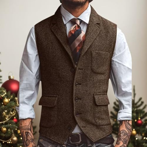 Mens Suit Vest Lapel Herringbone Tweed V Neck Waistcoat Formal Wedding Business Dress Vest4