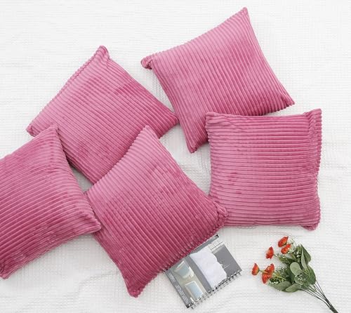 Image of RD TREND Cushion Cover Set of 5, Decorative Sofa Living Room Home Square Cushion Covers 16 Inch x 16 Inch, Aesthetic Corduroy Striped Double Sided (Light Pink, Pack of 5)