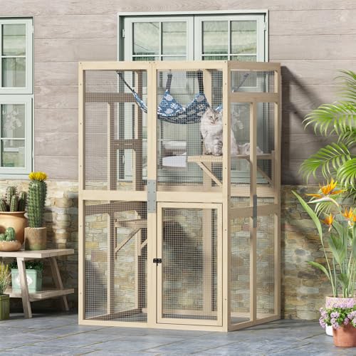 Image of Catio Outdoor Cat Enclosure - Premium Wooden Cat Catio with Window Access & Breathable Mesh, Weatherproof Kitty House for Patio /Backyard /Indoor (Wood)