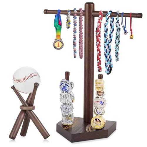 ASTROLIN Baseball Ring & Drip Necklace Holder Wooden Baseball or Softball Ring Display Holder with Baseball Stand Baseball Accessories Decor Men Gift for Baseball Players and Lovers