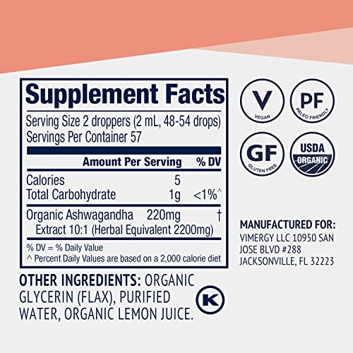 Vimergy Usda Organic Ashwagandha Liquid Extract, 57 Servings –Stress Supplement Drops – Adaptogen - Supports Cognitive Function – Sleep Support – Alcohol-Free, Non-Gmo, Vegan & Paleo Friendly (115 Ml) #TOP3
