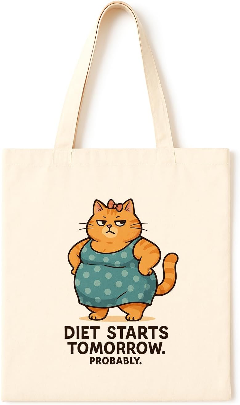 Diet Starts Tomorrow Cat ~ Funny fat cat tote bag with sarcastic quote, canvas-style eco shopping bag, gift for cat lovers