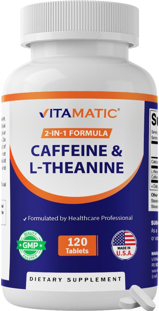 Vitamatic L-Theanine 200mg mit Koffein 100mg – 120 vegetarische Tabletten Nootropic Supplement für fokussierte Energie & Mental Clarity