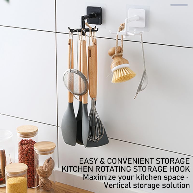 Adhesive Rotating Hooks Black – 360° Swivel Wall Hook, Heavy Duty No-Drill Kitchen & Bathroom Organizer for Utensils, Keys, Towels, Bags