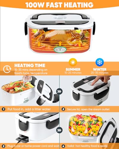 Image of Eocolz Lonchera 60-80W Electric Food Warmer Lunch Box for Adults, Portable Heated Lunch Box for Car Truck Work with Fork and Spoon Stainless Steel Container 1.5L 12 /24 /110V