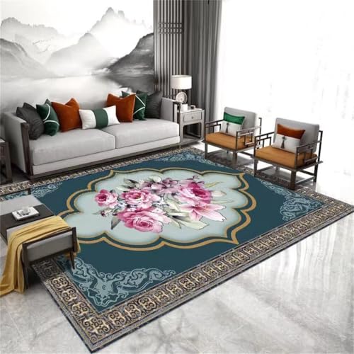 Tapis lavable bleu 120x120 cm à sticker floral vintage idéal pour chambre enfant - 2