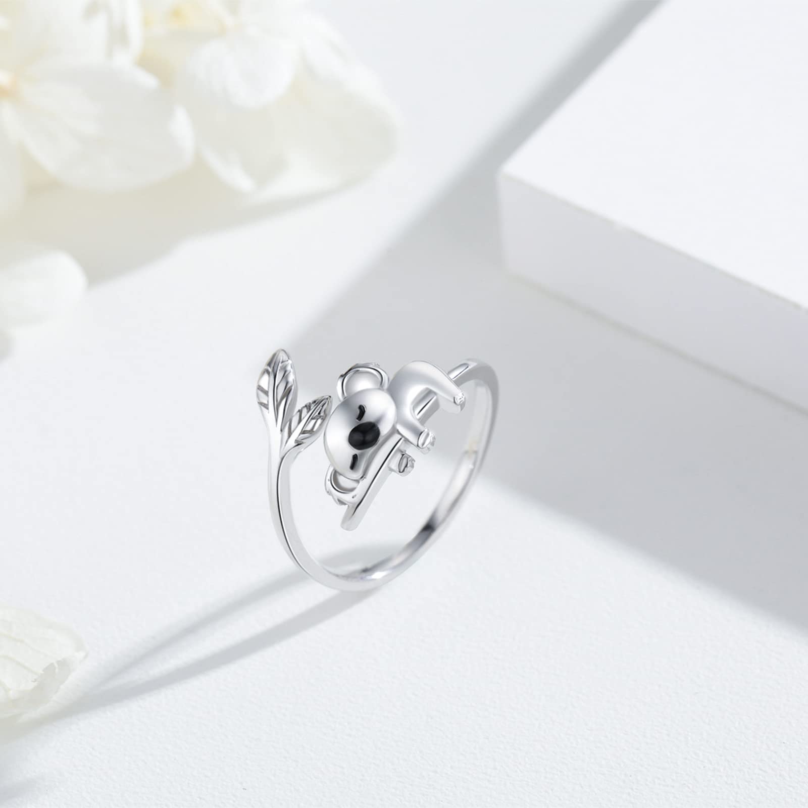 Koala - Anillo de plata de ley 925 para mujer, diseño de koala ajustable, abierto, con bonito animal para niñas