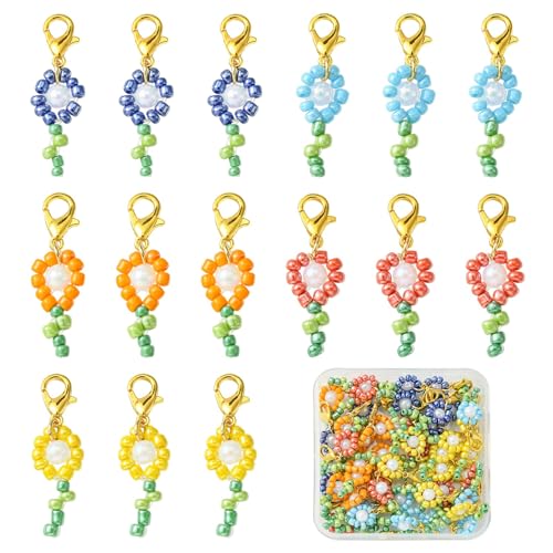 Stiesy 50Pcs 5 Colours Flower Glass Charms Colourful Flower Seed Beads Pendant Charm Floral Charms for Jewellery Making DIY Bracelet Crafting