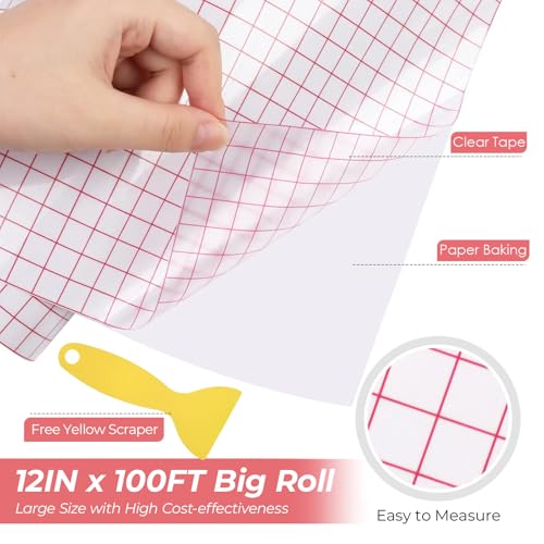 Image of HTVRONT Transfer Tape for Vinyl - 12 inch x 100 FT w /Red Alignment Grid Transfer Paper, Medium Tack Vinyl Transfer Tape with Easy to Release for Crafts Signs Stickers Decals Walls Doors & Windows