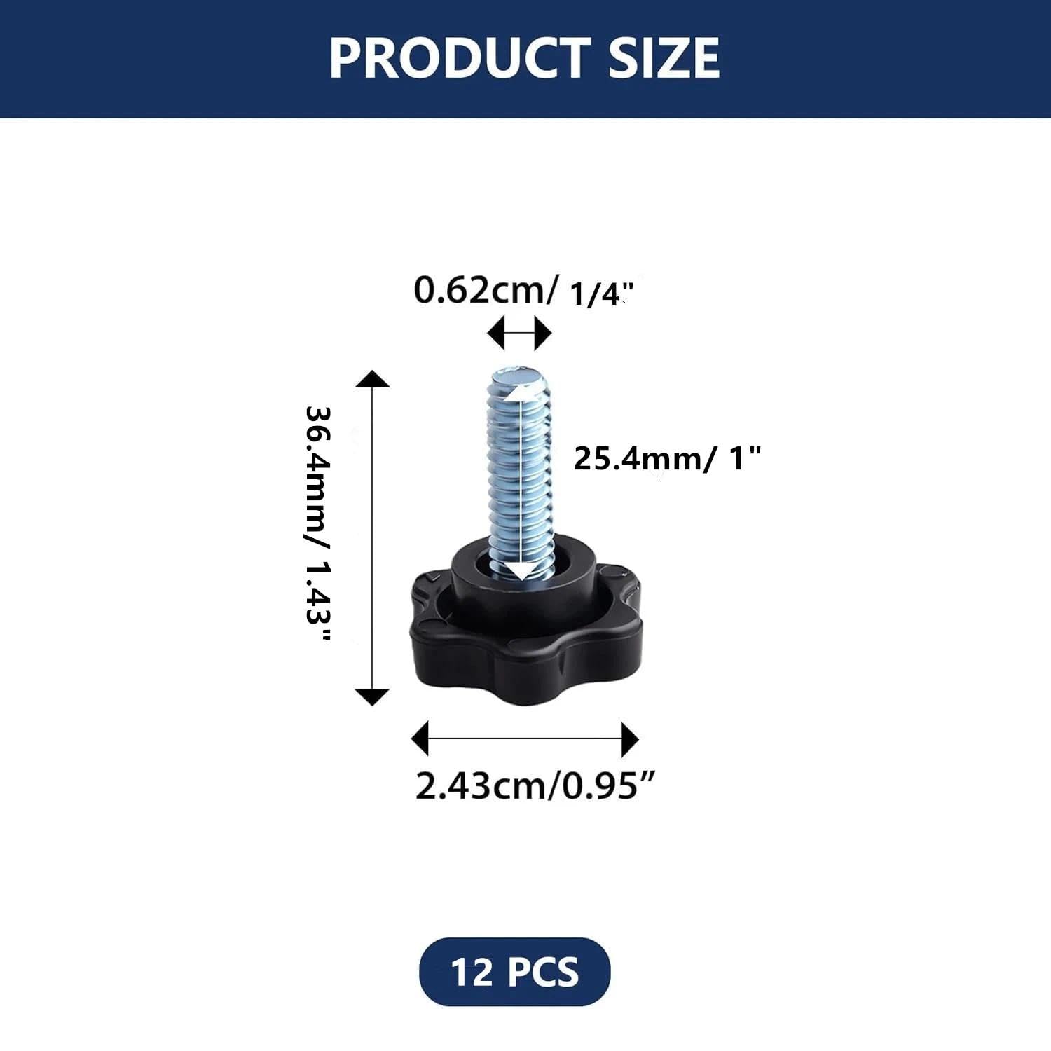 12 Pcs 1/4"-20 x 1 Thumb Screws, Star Knob Screws with Knurled Grip – Hand Tighten Clamping Knobs for Umbrella Base, Machinery, Furniture – Extra Long 1" Thread for Thick Materials