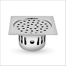 Sanjay Chilly Square SS Floor Drainer for Bathroom | Floor Drain with Cockroach Trap for Bathroom Gratings | 304 Grade Kitchen Sink Washbasin Hair Catcher Drain Cleaner (Silver 5 x 5 INCHES)