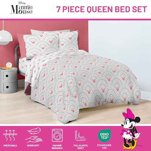 Image of Disney Minnie Mouse Queen Comforter Set 7 Piece Bedding for Girls, Grey | Bed in a Bag, Comforter Sheets Shams Pillowcases, Official Product, Soft Microfiber, Machine Washable, Girls Gift