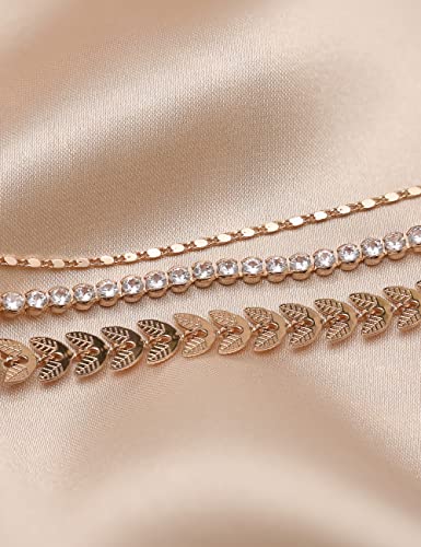 Tennis Gold Ankle Bracelets For Women 14K Gold Plated Anklet Rose Gold Crystal Cubic Zirconia Rhinestone Anklet Leaf Handmade Chain Dainty Layered Anklet Set 3Pcs #TOP4