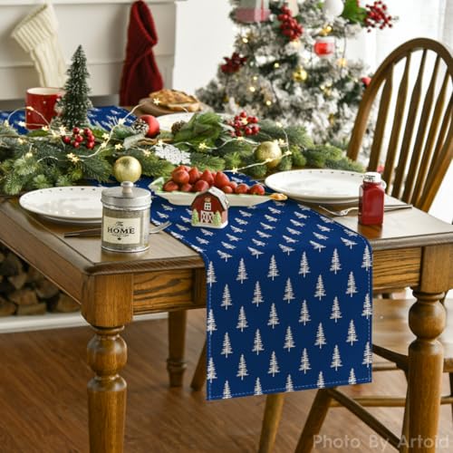Image of Artoid Mode Blue Xmas Tree Christmas Table Runner, Seasonal Winter Kitchen Dining Table Decoration for Home Party Decor 13x72 Inch