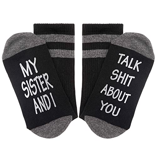 Grace Yonks My Sister And I Talk Shit About You Socks, Gift for Sister, Best Friend Gift, Unisex Adults, White, Letter Print, Crew Length, 1 Pair