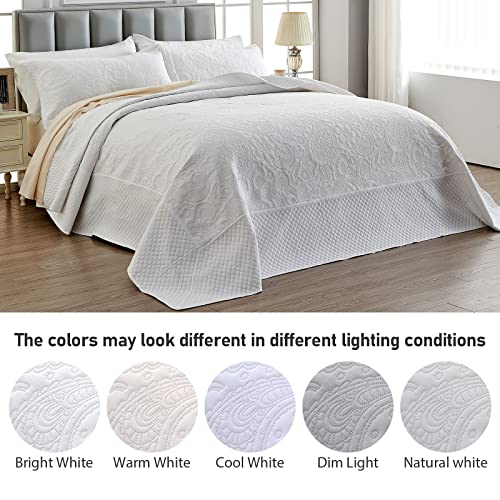 Image of Qucover White Oversized King Bedspread, Soft Microfiber Lightweight California King Quilt, 3-Piece Ultrasonic Quilting Paisley Pattern Oversized King Quilt Sets with Shams, 128 x 120 Inches