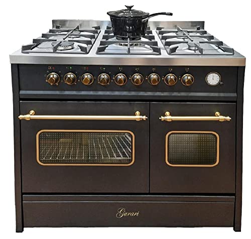 GURARI Cocina de Gas 90 cm GCH E 916 Bl R con Horno Eléctrico Doble, Estilo Retro, 5 Quemadores, 4kW Wok, 8 Funciones, Propano/Butano