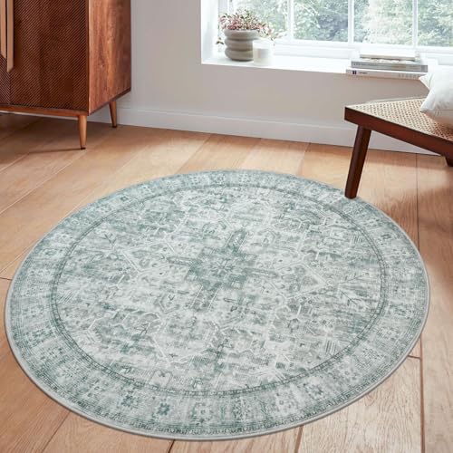 SIILOOM 5' Round Washable Rug for Entryway, Sage Green Ivory Soft Printed Area Rug, Slip-Resistant Kitchen Rugs, Low-Pile Medallion Indoor Door Mat, Small Farmhouse Carpet for Entrance Foyer Bedside by SIILOOM - Used condition - Image 2