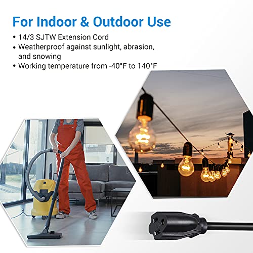 Dewenwils Extension Cord 15Ft, 14/3 Sjtw Weatherproof Power Cable For Indoor Outdoor Use, 3 Prong Heavy Duty Power Cord, Black, Etl Listed, 2 Pack #TOP2