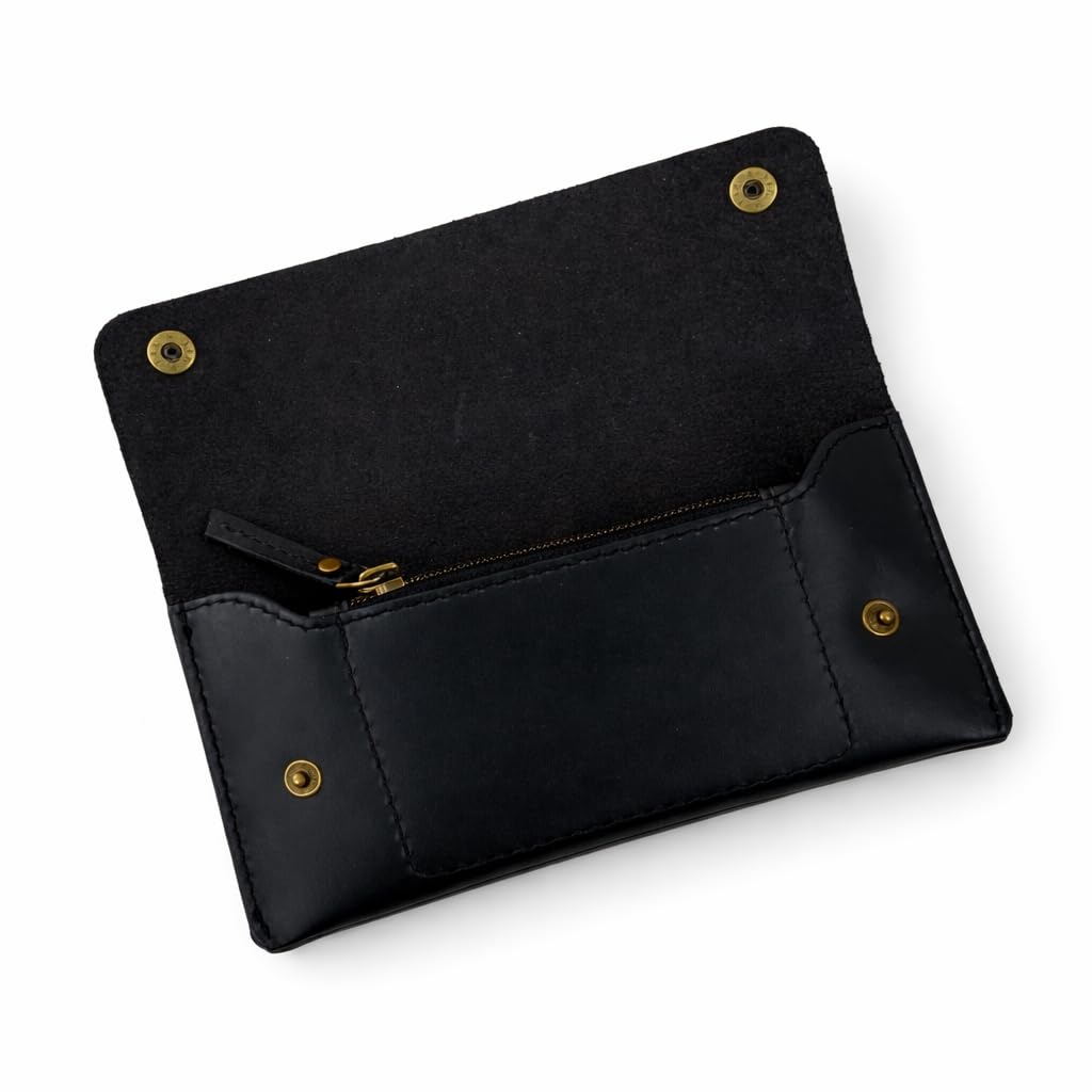 TheAntiq Portamonete in pelle, fatto a mano, con chiusura a doppio bottone e tasca con cerniera, porta soldi compatto per viaggi e uso quotidiano, 10 x 20 cm, nero