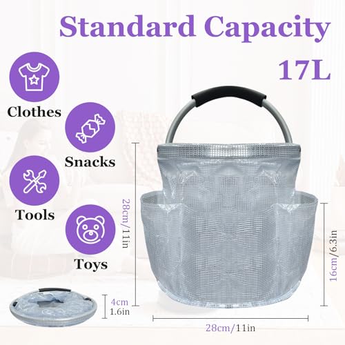 Image of 17L Portable Shower Caddy with Handle, Foldable Cleaning Supply Caddy in PVC Resin, Picnic Basket with 6 Side Pockets, Multifunctional Storage Basket for Bathroom, Picnics, Transparent