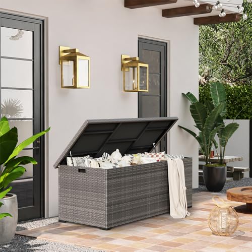 Amopatio 870L Gartenbox Auflagenbox wasserdicht, Kissenbox outdoor aus Polyrattan, Aufbewahrungsbox Metall mit Gasdruckfedern, Gartenkiste wetterfest für Garten, Balkon, Grau