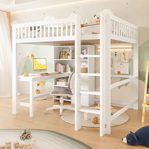 LAKFEW Cama Alta 140x200 cm Litera con Escritorio y 3 Cajones, Cama Infantil Camas Altas con Estante Almacenamiento y Escalera, Camas Infantiles Tren con Protección Anticaída, Blanco, Sin Colchón