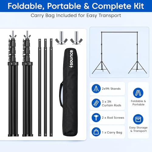 Image of Sounce 9x9 Feet Adjustable Backdrop Stand Kit with Carry Bag | Foldable & Portable Background Stand | for Photography & Videography | Compatible with All Backdrops & Green Screens