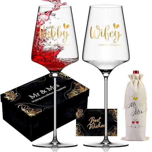 VINELUXRY Anniversary Wine Glasses Gifts Set of 2 Gold Print with 'Hubby' and 'Wifey' Bride and Groom Wedding Glass Gift for Couples or Parents
