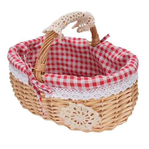 Huairdum Cesta de Picnic de Mimbre Tejida a Mano, Cesta para Servir con Asas Plegables Dobles, para Cosecha de Jardín con Almacenamiento de Dulces (Cuadros Rojos)