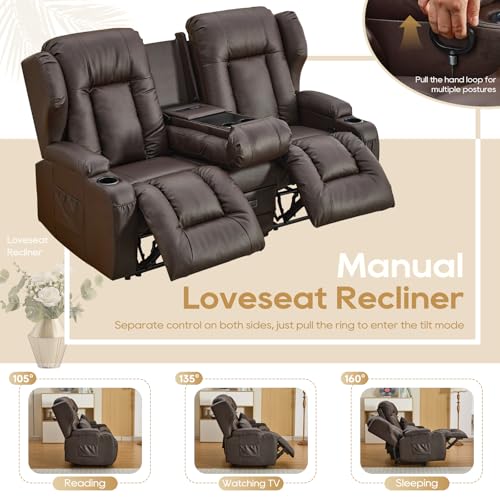 Image of IPKIG 67 inch RV Loveseat Double Recliner Sofa with FILP Back Console, Storage Drawer, Side Pockets, Faux Leather Manual Reclining Chair Home Theater Seating (Brown)
