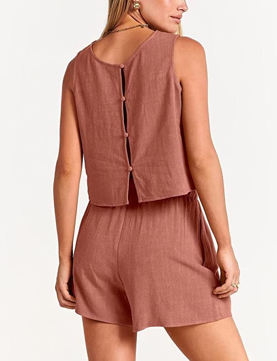 Miniatura 3 de Conjunto de 2 piezas de lino para mujer, conjunto de pantalones cortos sin mangas, camiseta corta sin mangas 2023, nuevo verano bohemio con