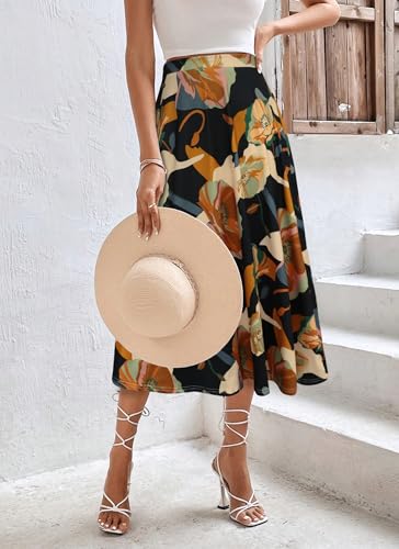 POPZONE Women's Elastic High Waist Midi Skirts 2025 Floral Print Casual Flowy Pleated Summer A-line Skirt3