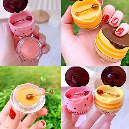 4Pcs Bee Balm Lip Balm Honey Pot, Honey & Strawberry Lip Balm Moisturizing Lip Mask With Stick Hydrating & Prevention Dry And Cracked Lip Scrubs Exfoliator, Lip Sleep Mask Reduces Lip Lines (Honey & Strawberry ) #TOP6