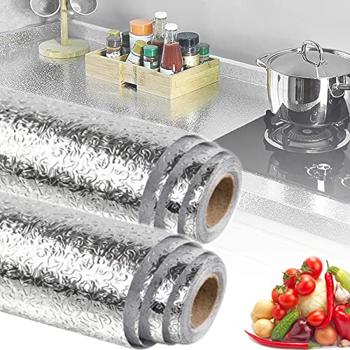 2 Rouleaux Aluminium Autocollant,40cm*5M Stickers Muraux Cuisine Papier Aluminium,Stickers Aluminium Cuisine Anti-moisissure Etanche Anti-Huile,pour la Cuisine Armoire Tiroirs Mur Argent (A)
