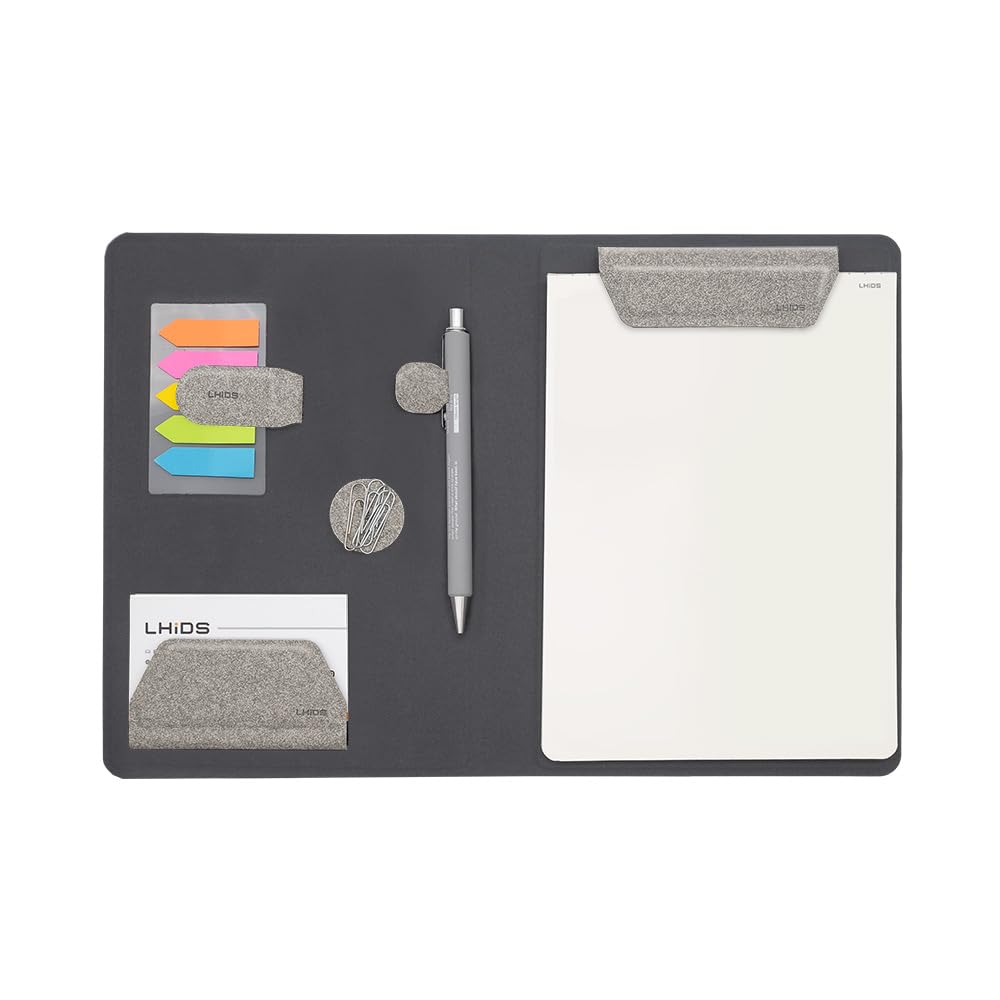LHiDS Creative Magnetic Business Portfolio Lite Resume Padfolio Organizer with Clipboard, Paper Clip, Writing Pad, Pen/Card Holder, Magnetic Closure for Work, School and More (Grey, A5)