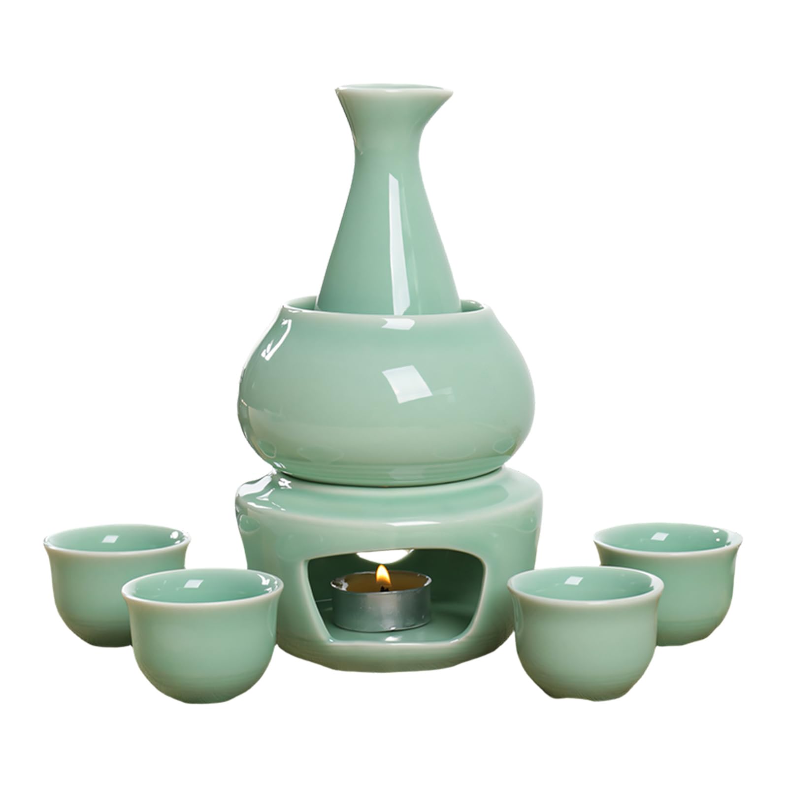Piceioep Japanese Sake Set Ceramic Warmer Pots Carafe Bottle and 4 Small Cups Stove for Warming Liquor Beverage Ceramic Japanese Sake Set